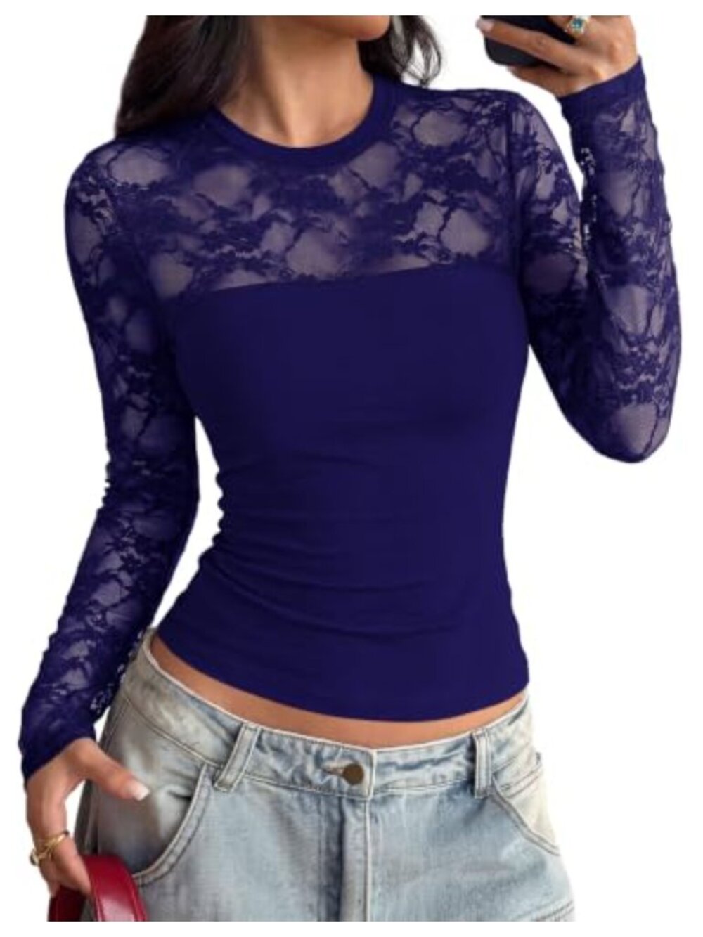 Women's Mesh Sheer Lace Top Long Sleeve Blouse